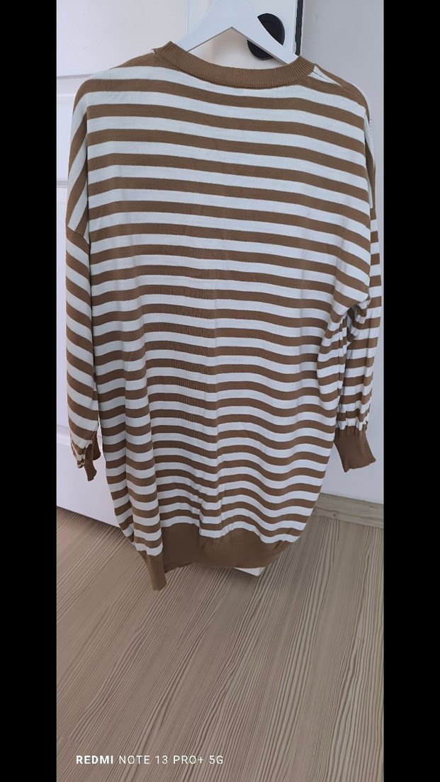 Bej Çizgili Pamuklu Kadın Triko - Görsel 5