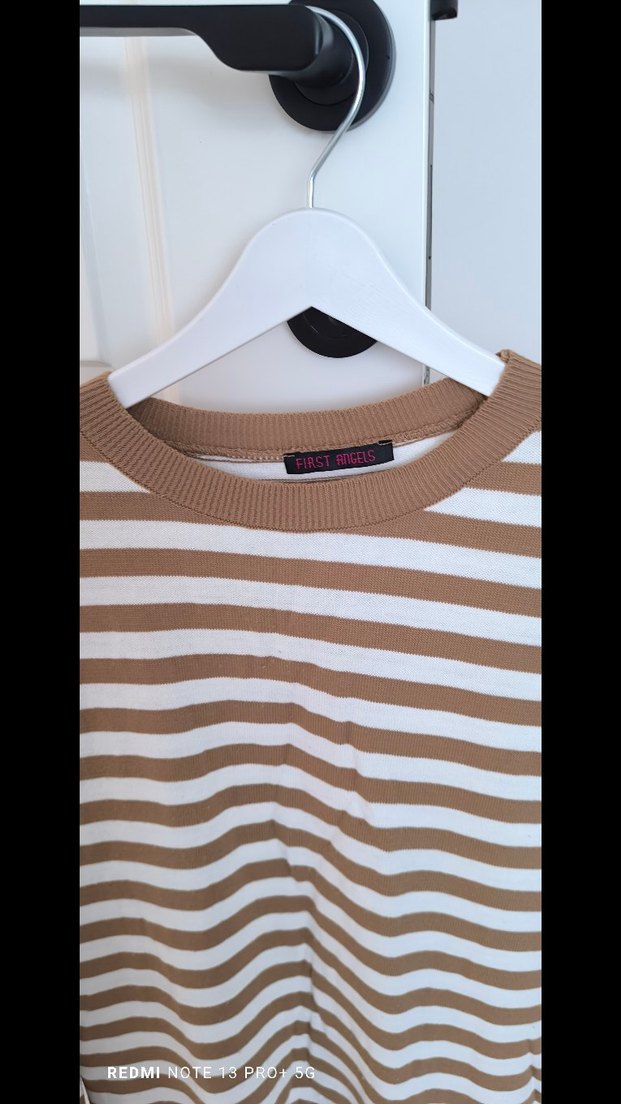 Bej Çizgili Pamuklu Kadın Triko - Görsel 3