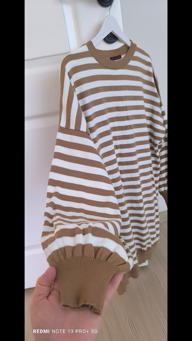 Bej Çizgili Pamuklu Kadın Triko - Görsel 2