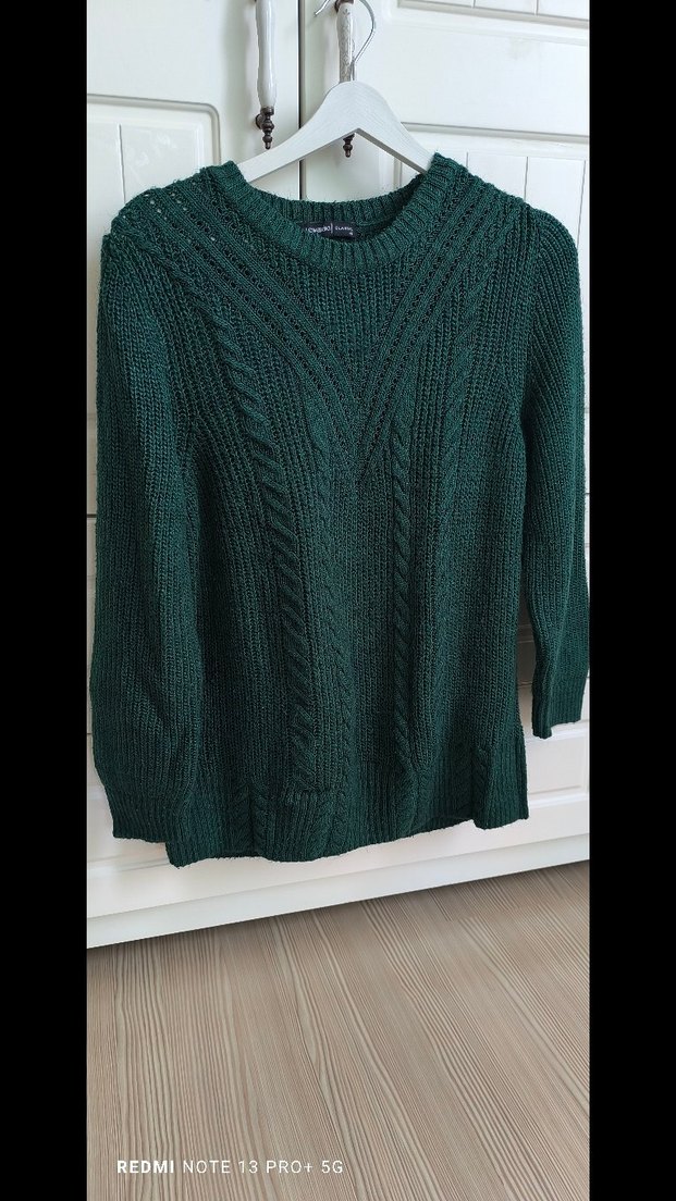 Kadın Yeşil Örgü Salaş Triko Kazak - Görsel 3