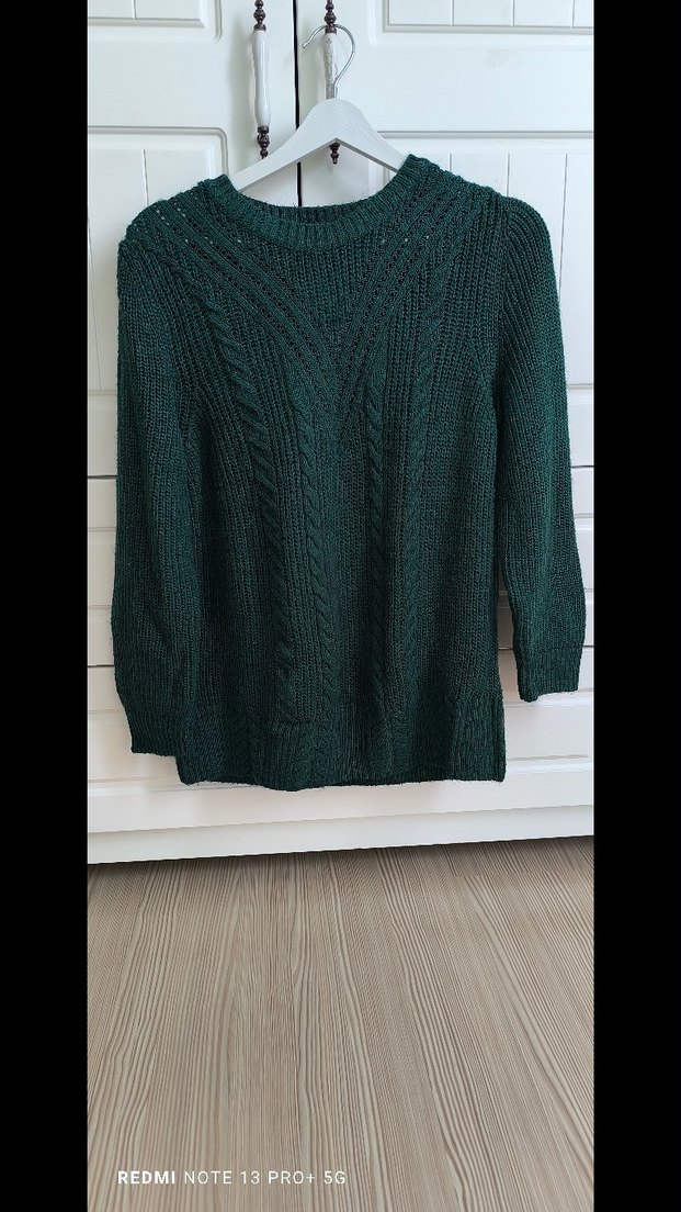 Kadın Yeşil Örgü Salaş Triko Kazak - Görsel 5