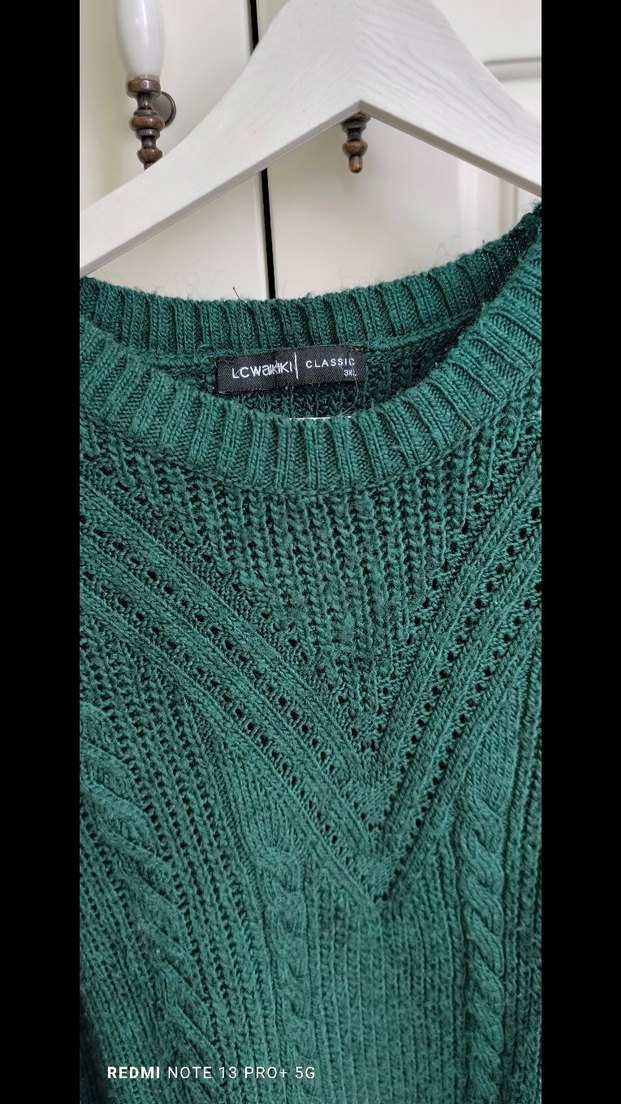 Kadın Yeşil Örgü Salaş Triko Kazak - Görsel 2