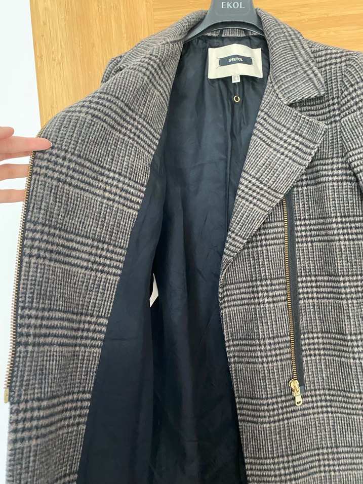 Ekose Desenli kahverengi Midi Kadın Yün Kaban - Görsel 4