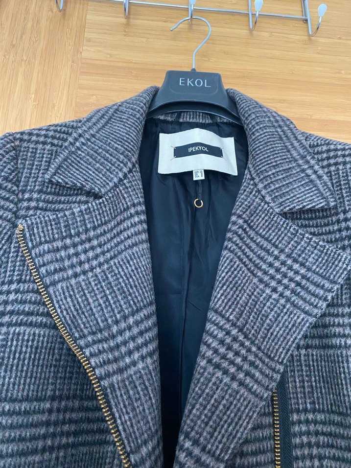 Ekose Desenli kahverengi Midi Kadın Yün Kaban - Görsel 2