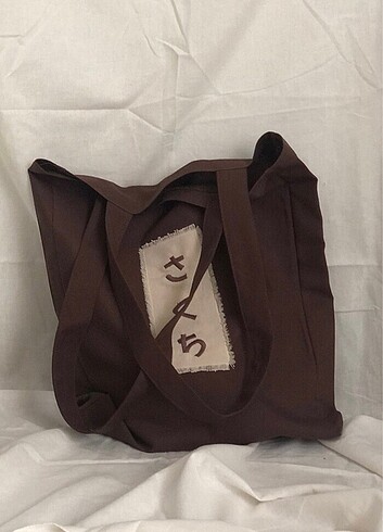  Beden kahverengi Renk Japonca Yazılı Bez Çanta