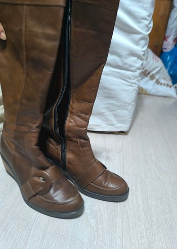Kahverengi Deri Kadın Dolgu Topuklu Diz Üstü Çizme - Görsel 2