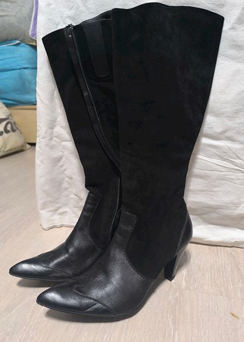 Siyah Süet Dizüstü Topuklu Çizme - Görsel 2