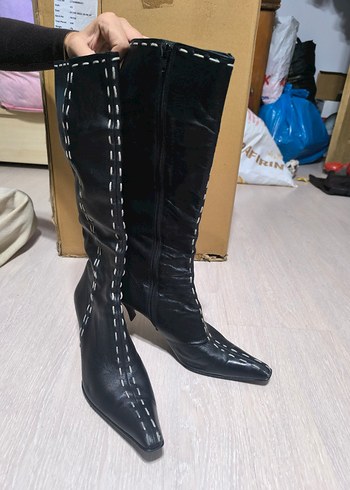 Diğer Siyah Deri Stiletto Topuklu Dizüstü Çizme
