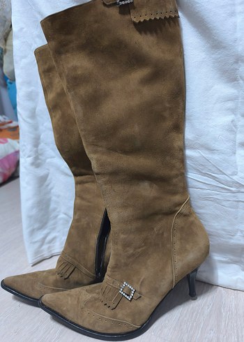 Bej Süet Topuklu Kadın Diz Boyu Çizme - Görsel 2