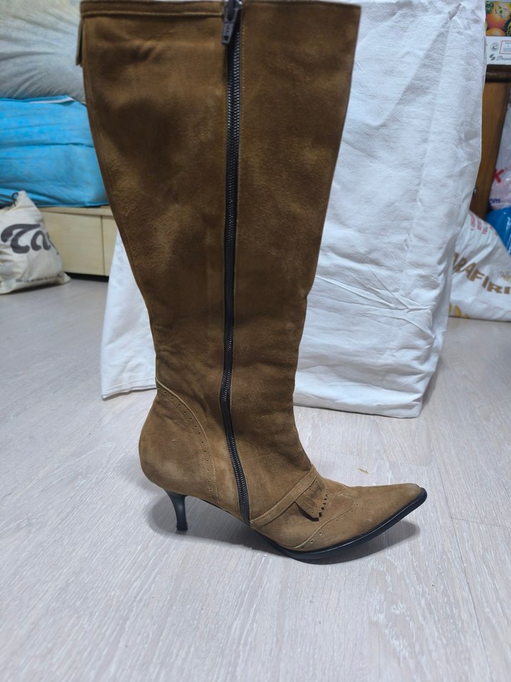 Bej Süet Topuklu Kadın Diz Boyu Çizme - Görsel 3