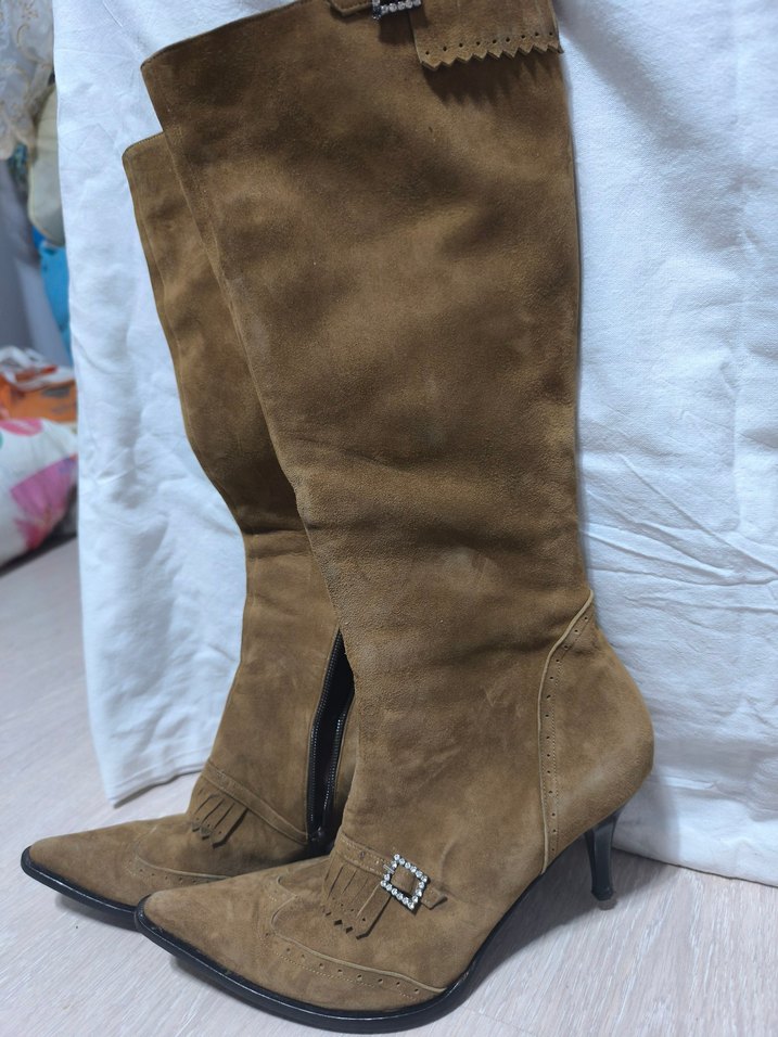 Bej Süet Topuklu Kadın Diz Boyu Çizme - Görsel 2