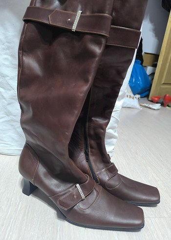 Kahverengi Deri Tokalı Dizüstü Kadın Çizme - Görsel 2