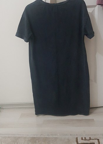 gri Kısa Kollu Denim Midi Elbise - Görsel 4