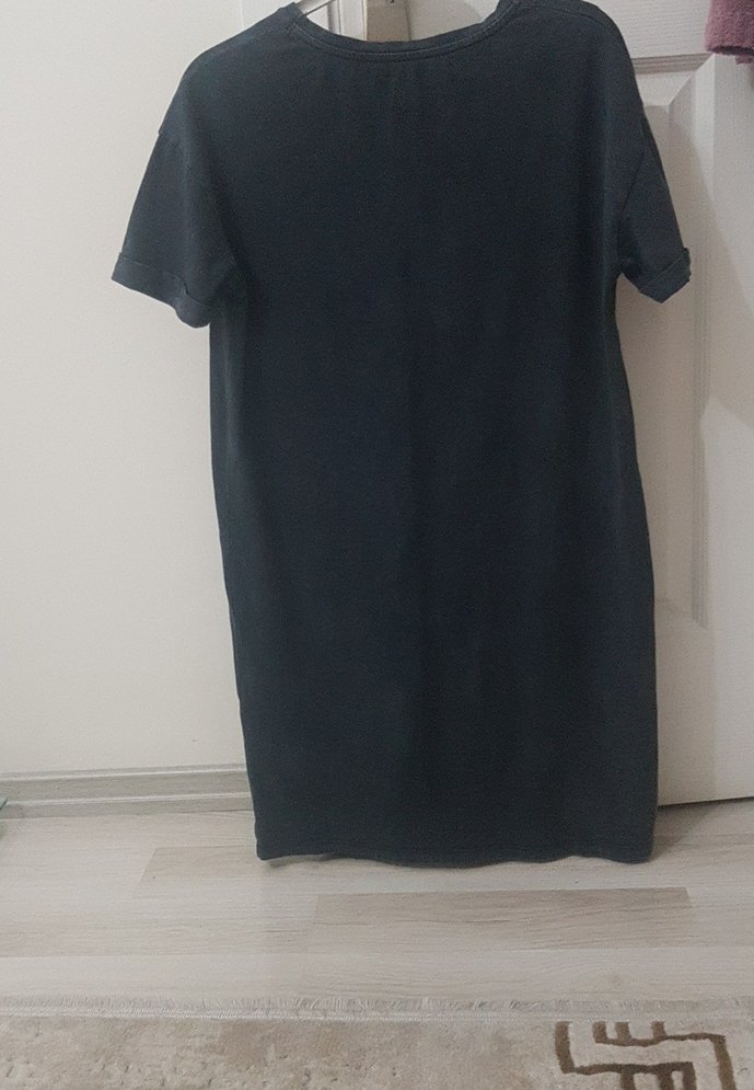 gri Kısa Kollu Denim Midi Elbise - Görsel 4