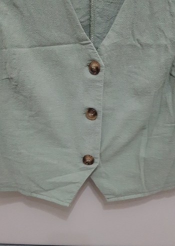 Düğmeli Keten V Yaka Kadın Yelek - Görsel 2