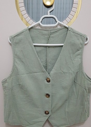 Düğmeli Keten V Yaka Kadın Yelek - Görsel 3