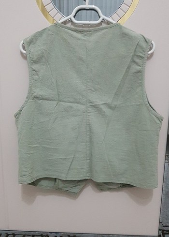 Düğmeli Keten V Yaka Kadın Yelek - Görsel 4