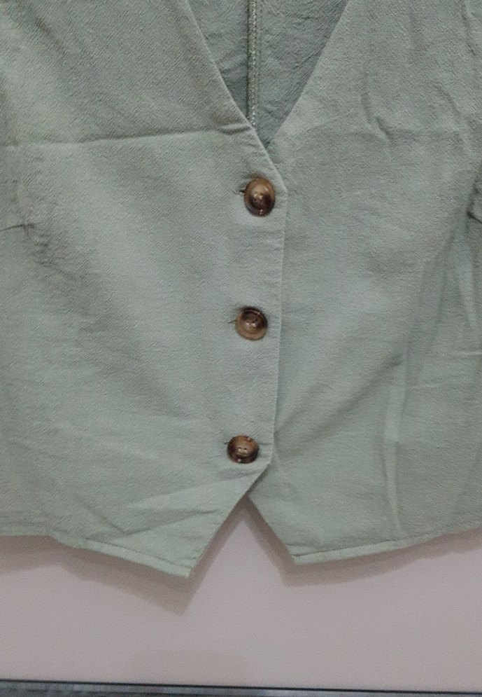 Düğmeli Keten V Yaka Kadın Yelek - Görsel 2