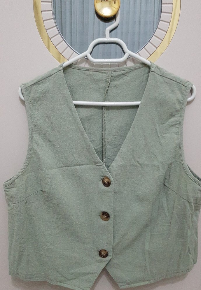 Düğmeli Keten V Yaka Kadın Yelek - Görsel 3