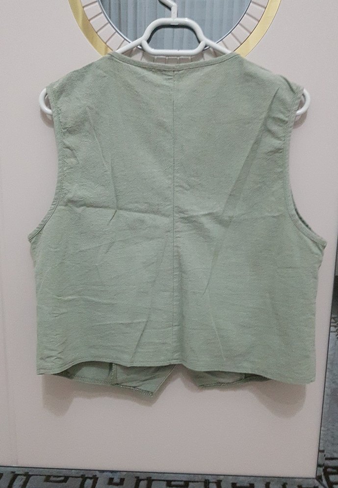 Düğmeli Keten V Yaka Kadın Yelek - Görsel 4