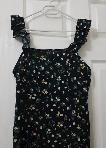 Midi Elbise, Fırfırlı, Siyah Çiçek Desenli - Görsel 2