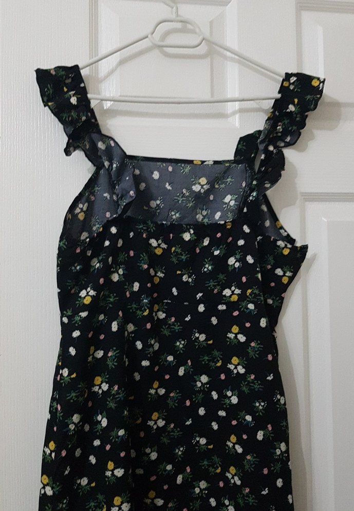 Midi Elbise, Fırfırlı, Siyah Çiçek Desenli - Görsel 5