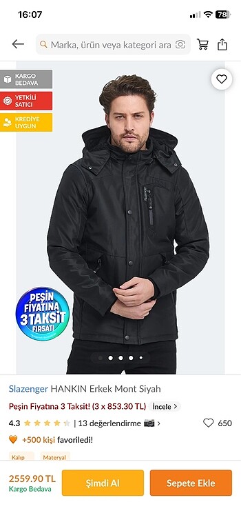 Slazenger erkek mont kapüşonlu