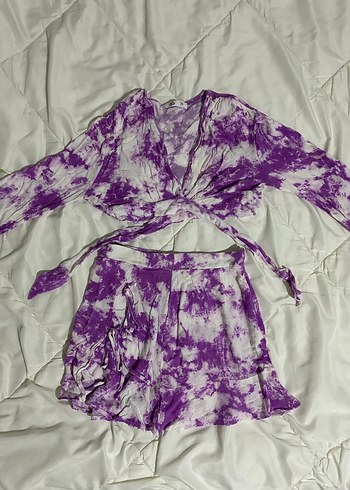 Diğer Mor Tie-Dye Uzun Kollu Mini Kadın etek crop takım
