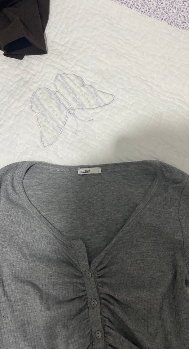 Gri Uzun Kollu Kadın Crop Top - Görsel 2