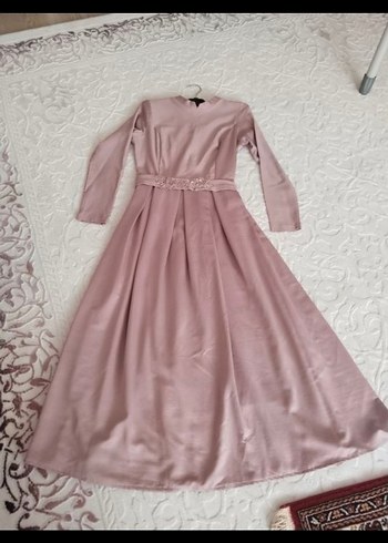Pembe Uzun Kollu Drapeli Kadın Abiye Elbise