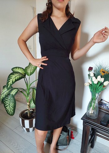 Drapeli Siyah V Yaka Hamile Ofis Elbisesi - Görsel 4