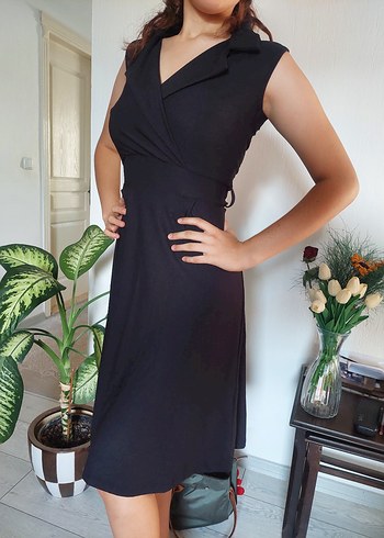 Drapeli Siyah V Yaka Hamile Ofis Elbisesi - Görsel 3