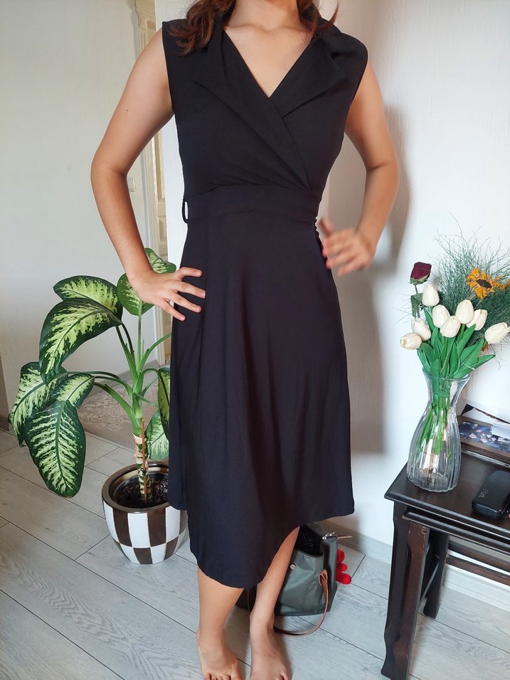 Drapeli Siyah V Yaka Hamile Ofis Elbisesi - Görsel 2