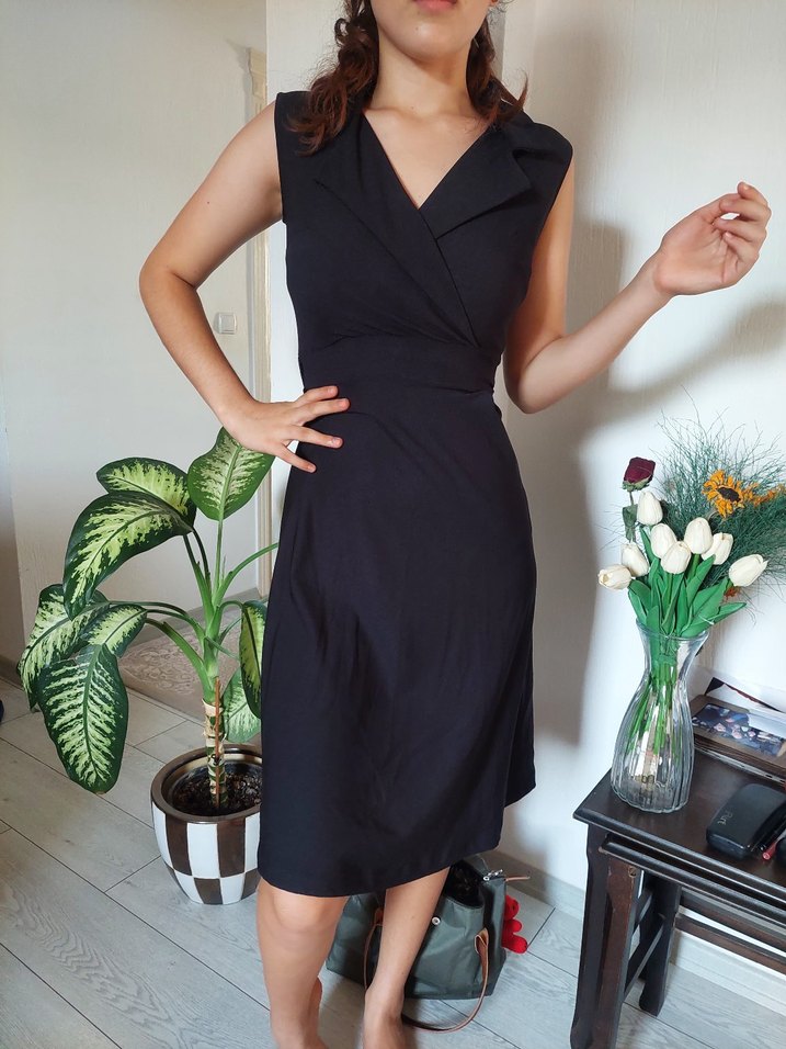 Drapeli Siyah V Yaka Hamile Ofis Elbisesi - Görsel 4