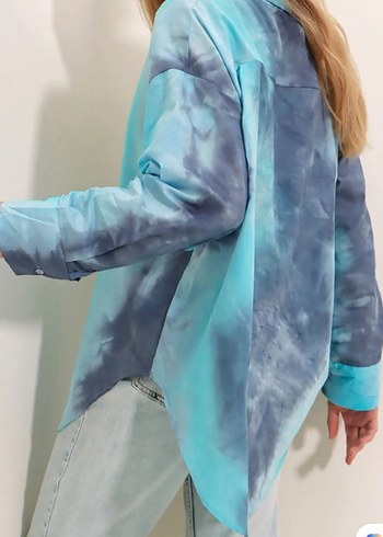 Mavi Tie-Dye Düğmeli Uzun Kollu Gömlek