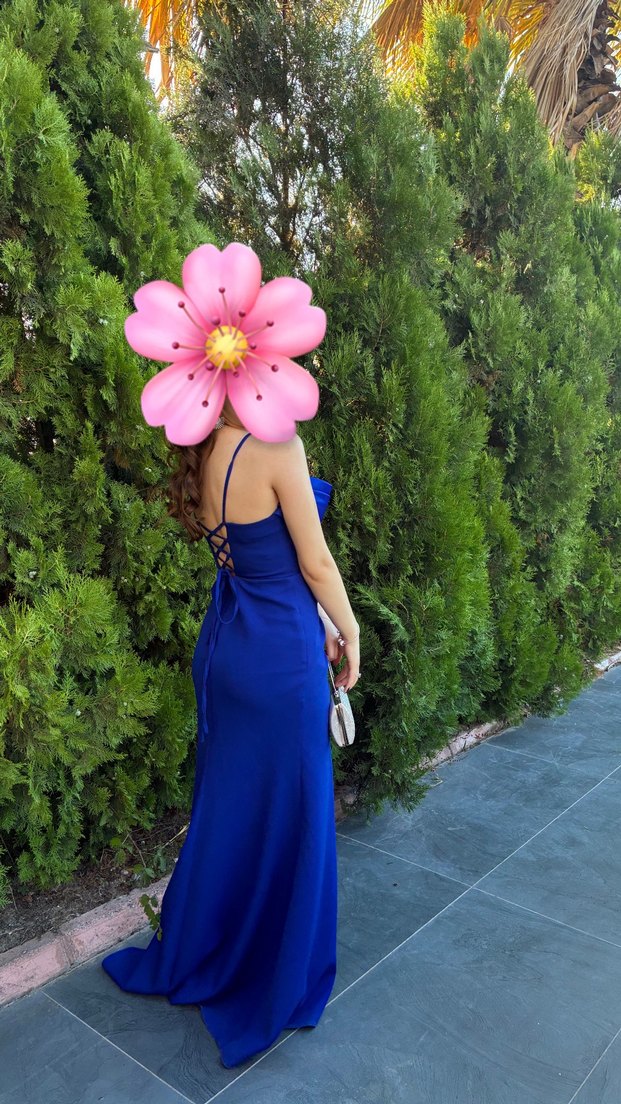 Sırt Detaylı Uzun Saks Mavisi Abiye Elbise - Görsel 2