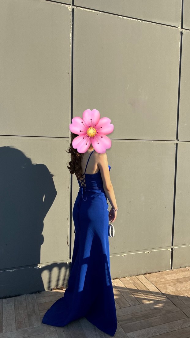 Sırt Detaylı Uzun Saks Mavisi Abiye Elbise - Görsel 3