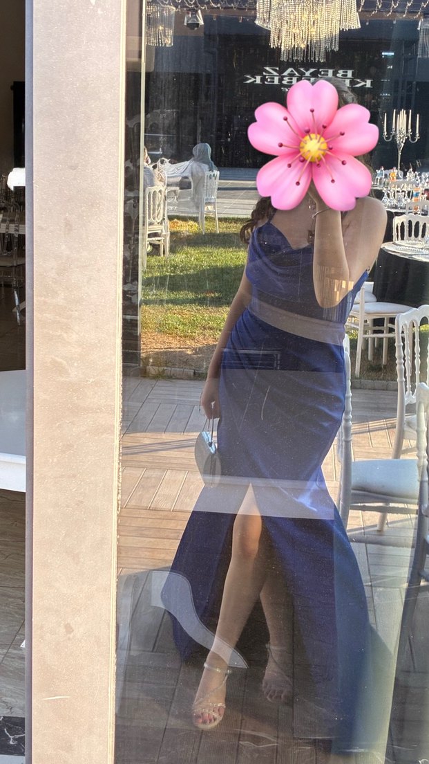 Sırt Detaylı Uzun Saks Mavisi Abiye Elbise - Görsel 4