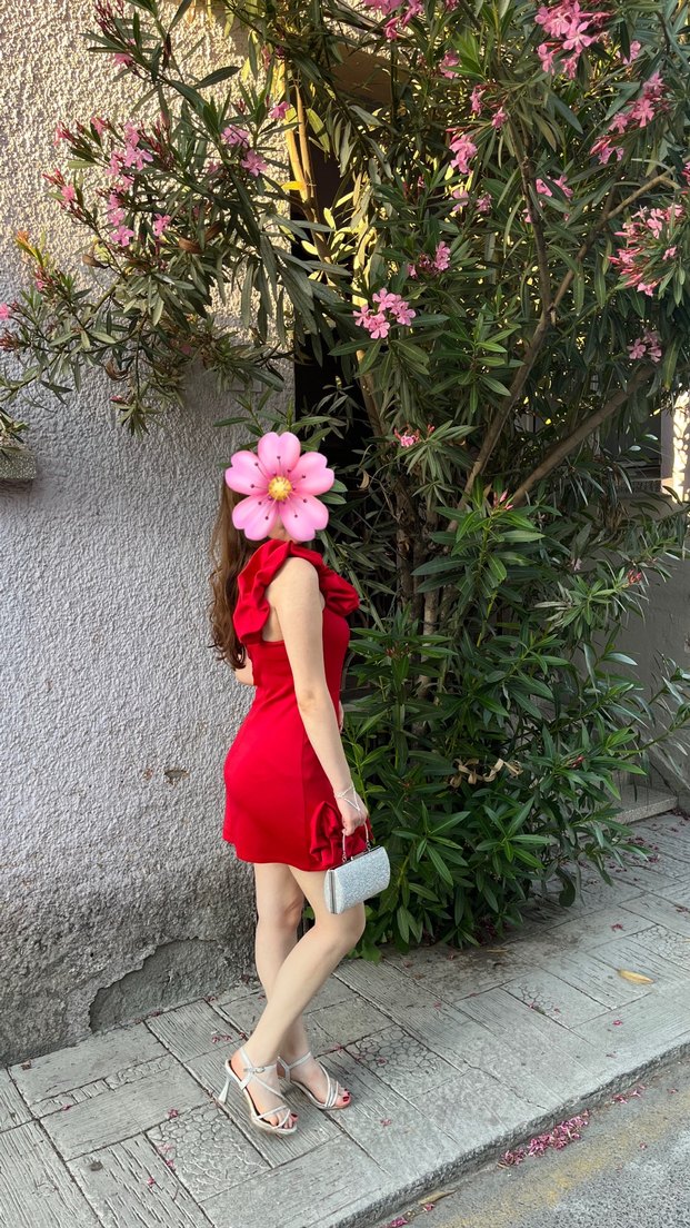 Kadın Kırmızı Volanlı Mini Elbise - Görsel 4