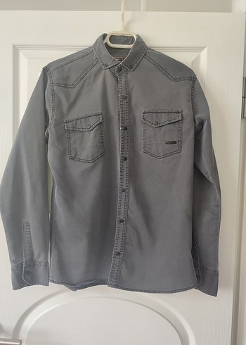 Gri Denim Erkek Gömlek Uzun Kollu Düğmeli
