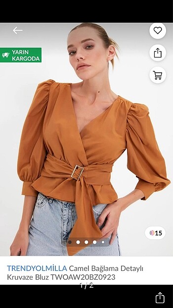 Trendyol Camel Bağlama Detaylı Kruvaze Bluz