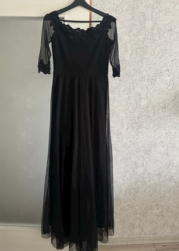 Kolları tül Siyah Uzun Elbise