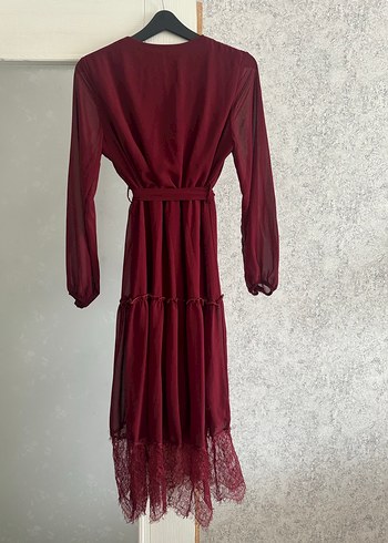 40 Beden Bordo Uzun Kollu V Yaka Fırfırlı Bohem Elbise
