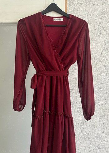 Bordo Uzun Kollu V Yaka Fırfırlı Bohem Elbise