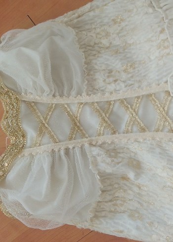 Beyaz Vintage A-Line Uzun Gelinlik - Görsel 6