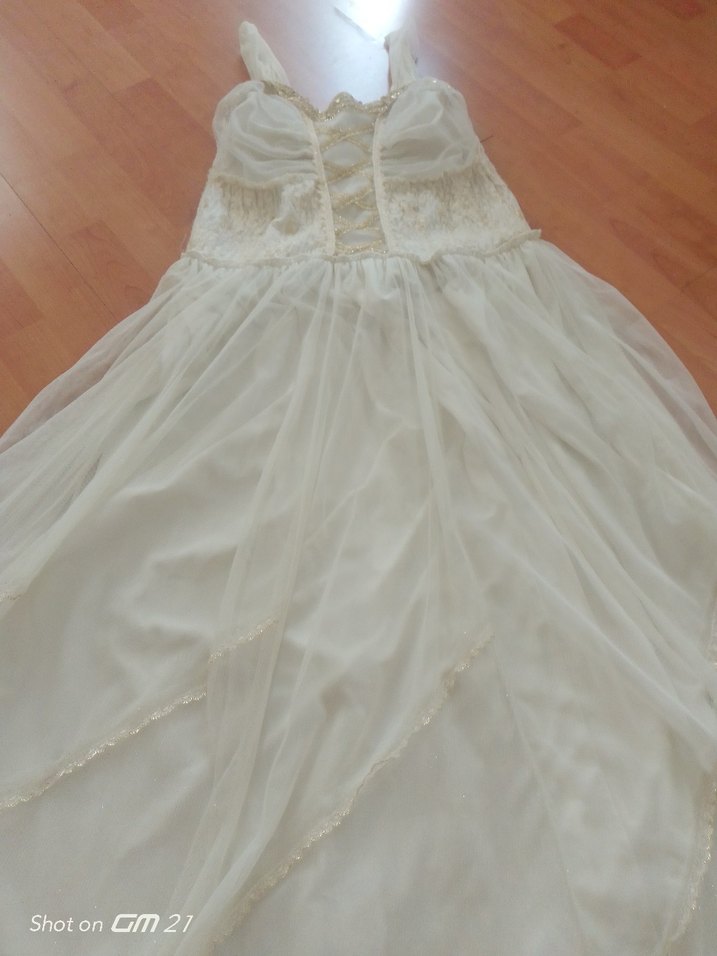 Beyaz Vintage A-Line Uzun Gelinlik - Görsel 3