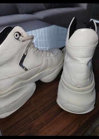 Beyaz Platform Topuklu Bağcıklı Kadın Spor Ayakkabı Bilek Spor - Görsel 2