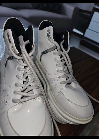 Beyaz Platform Topuklu Bağcıklı Kadın Spor Ayakkabı Bilek Spor - Görsel 4