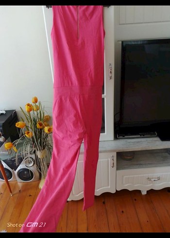 Pembe V Yaka Uzun Kadın Tulum - Görsel 5