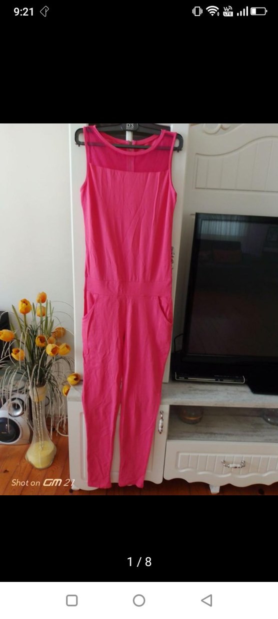 Pembe V Yaka Uzun Kadın Tulum - Görsel 2